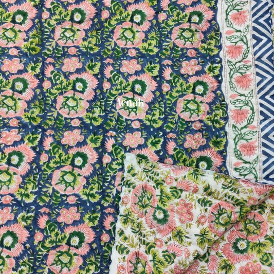 Navy Blue Garden Handblock Printed Reversible Mulmul Cotton Quilt
