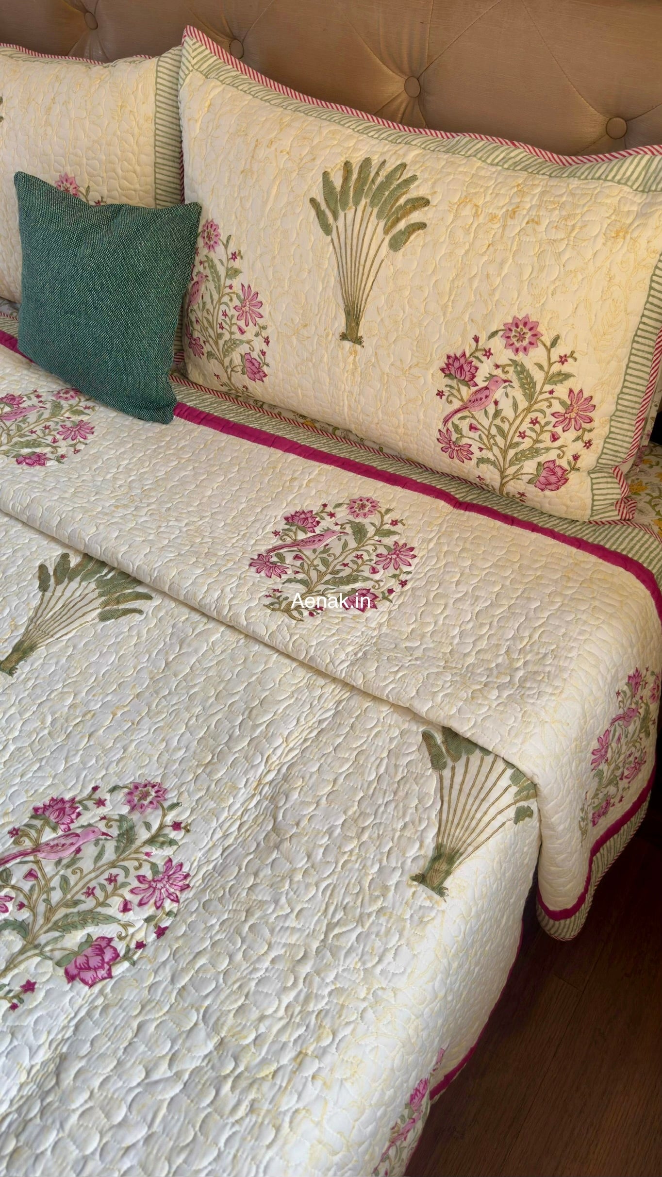 Purple Sparrow Pani Jaal Handblock Printed Reversible Quilted Cotton Bedcover Set