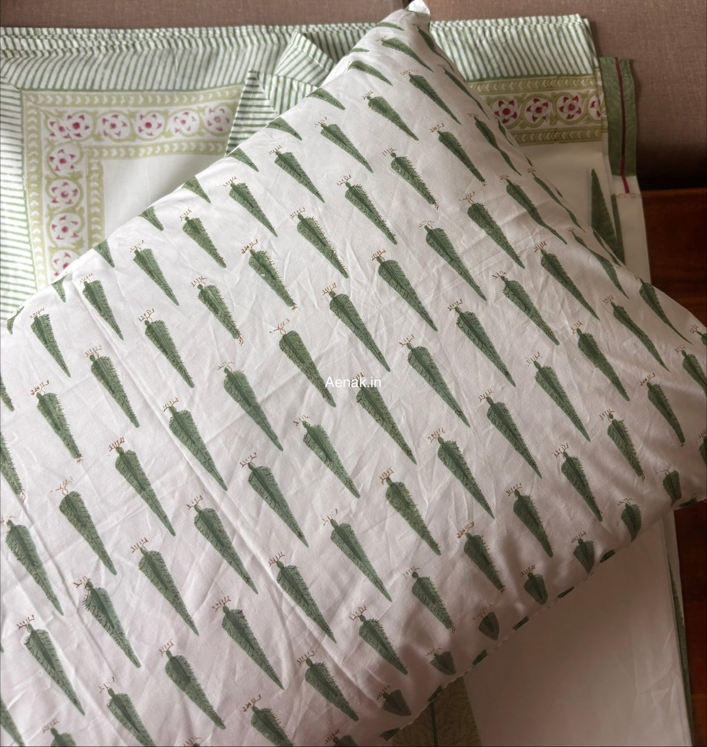 Green Cypress Handblock Bedsheet + Quilted Bedcover Combo Set