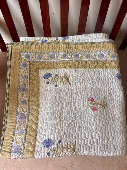 Pink & Blue Floral Handblock Printed Reversible Quilted Cotton Bedcover Set-106x108