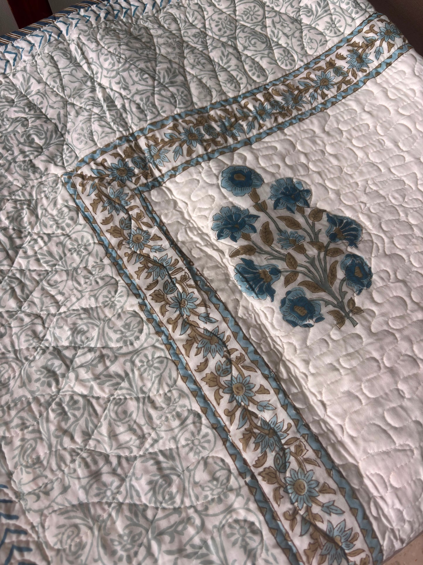 Blue Phool Boota Handblock Reversible Quilted Cotton Bedcover Set-106x108