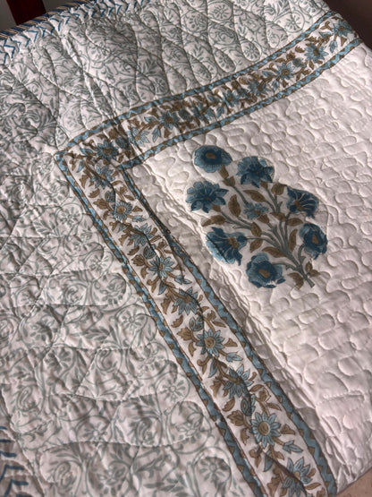 Blue Phool Boota Handblock Reversible Quilted Cotton Bedcover Set-106x108