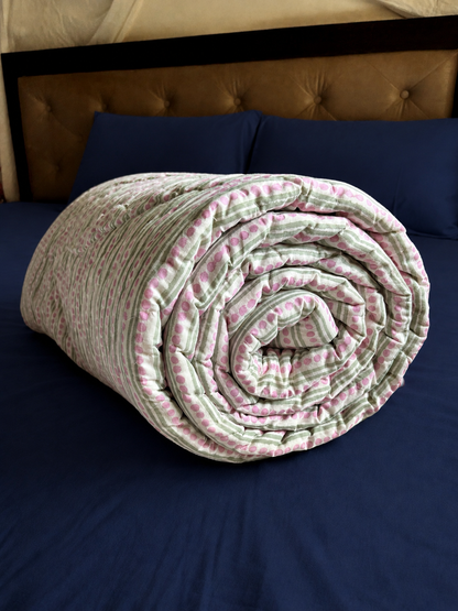 Light Magenta Floral Handblock Reversible Mulmul Cotton Quilt