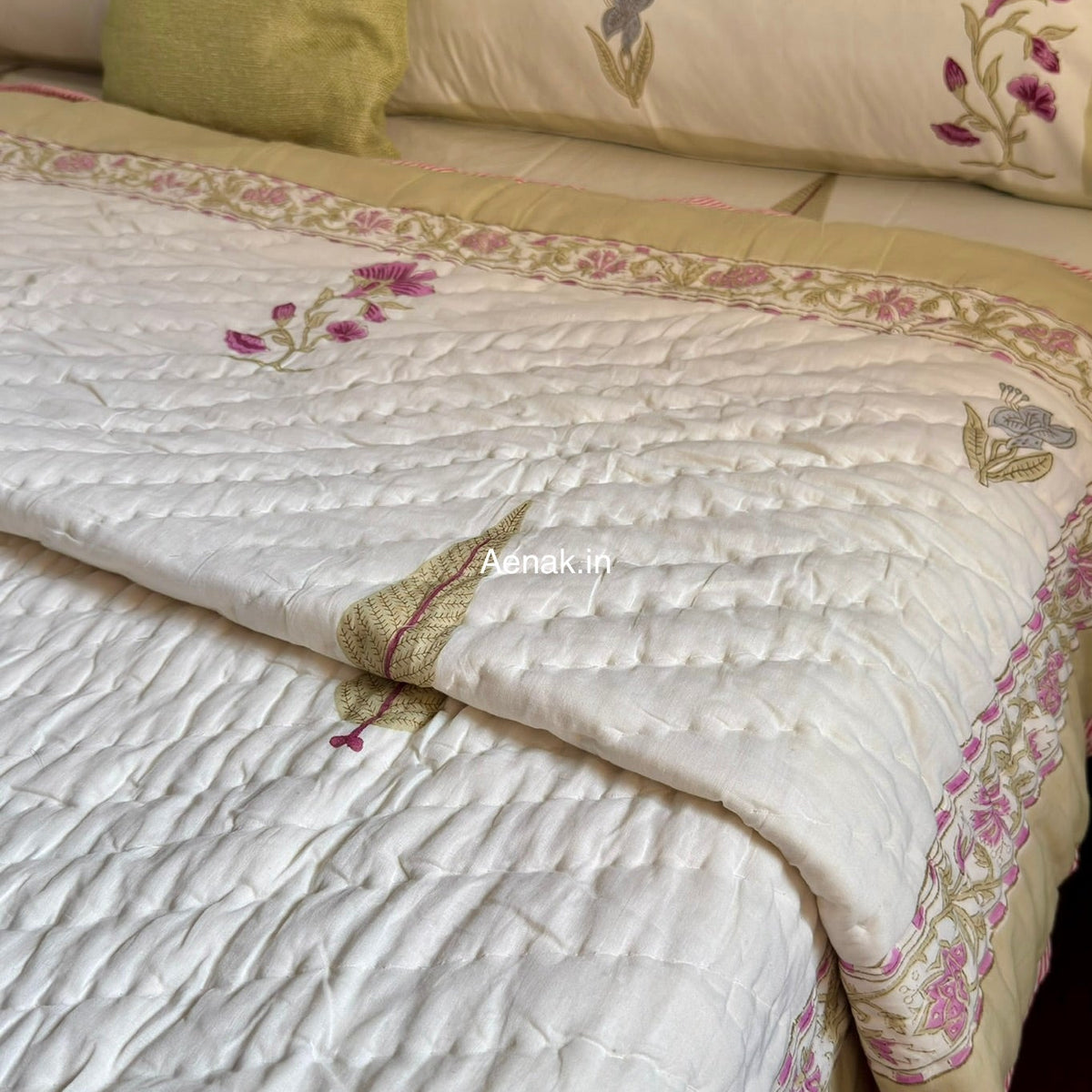 Dusty Mulberry Handblock Bedsheet + Quilt Combo Set (Ivory White)