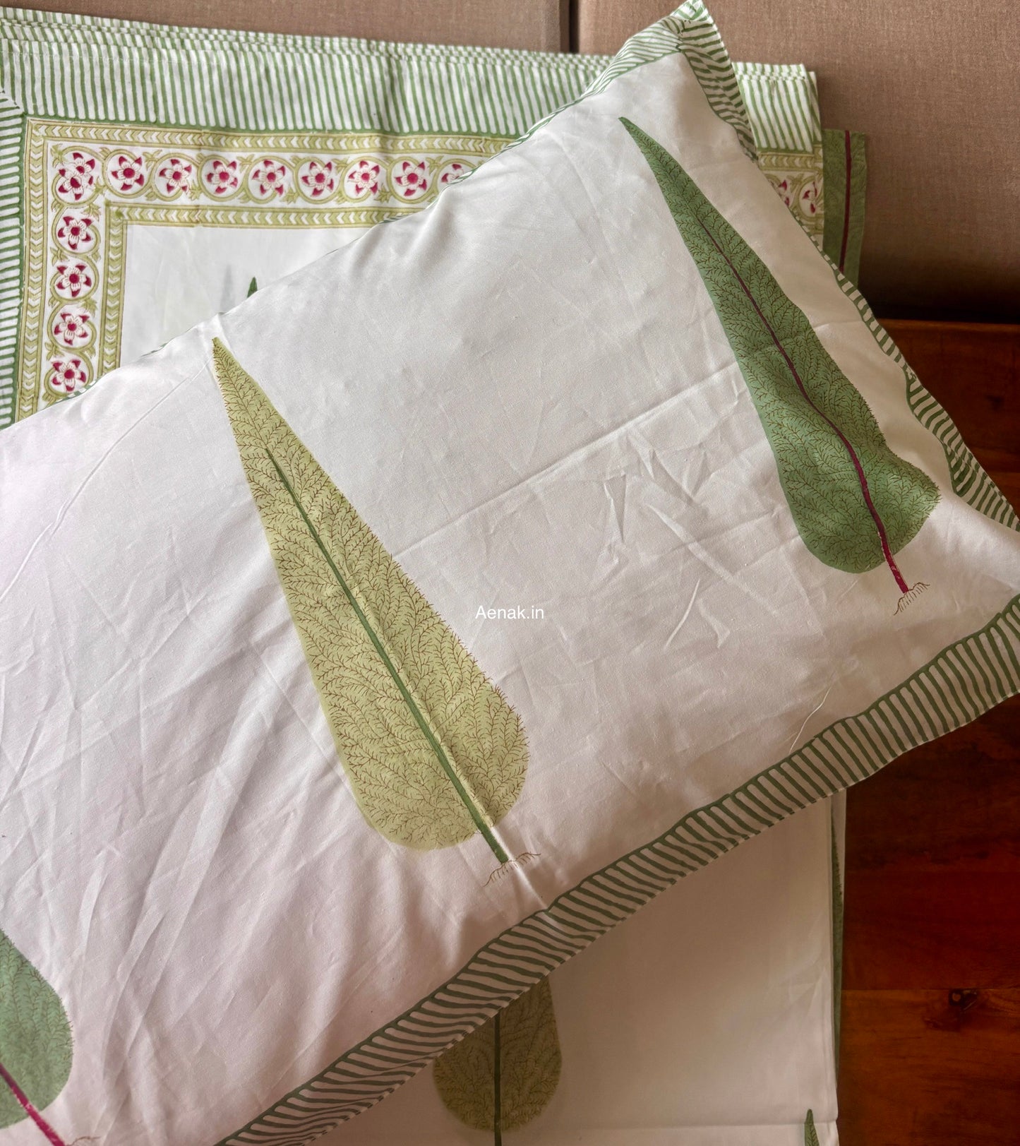 Green Cypress Handblock Bedsheet + Quilted Bedcover Combo Set