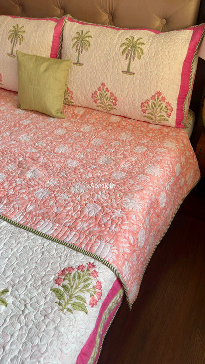Pink Royal Pani Jaal Handblock Reversible Quilted Cotton Bedcover Set