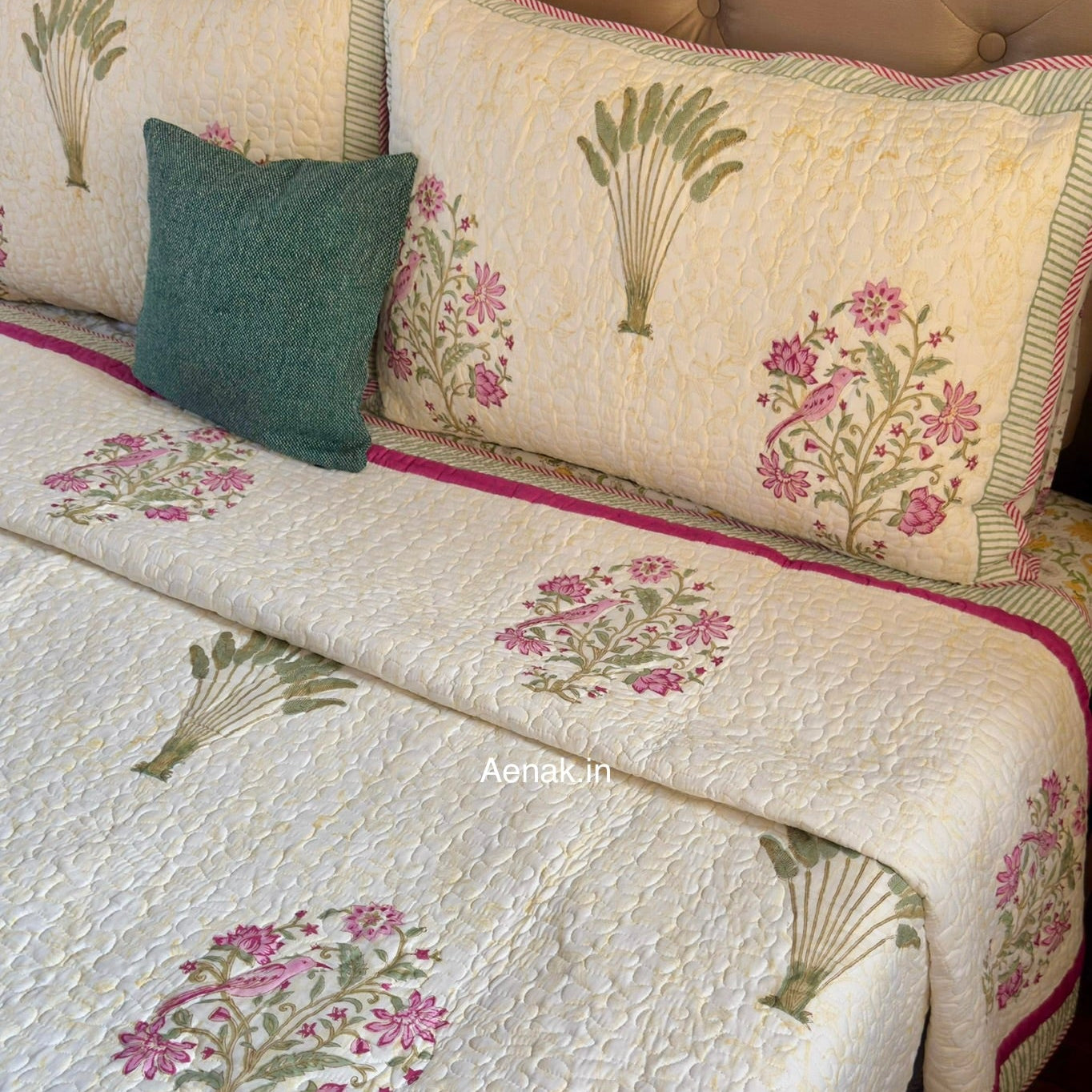 Purple Sparrow Pani Jaal Handblock Printed Reversible Quilted Cotton Bedcover Set