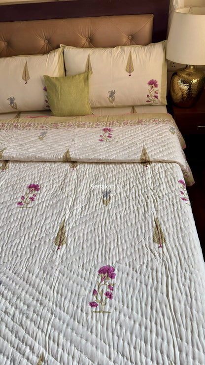 Dusty Mulberry Handblock Bedsheet + Quilt Combo Set (Ivory White)