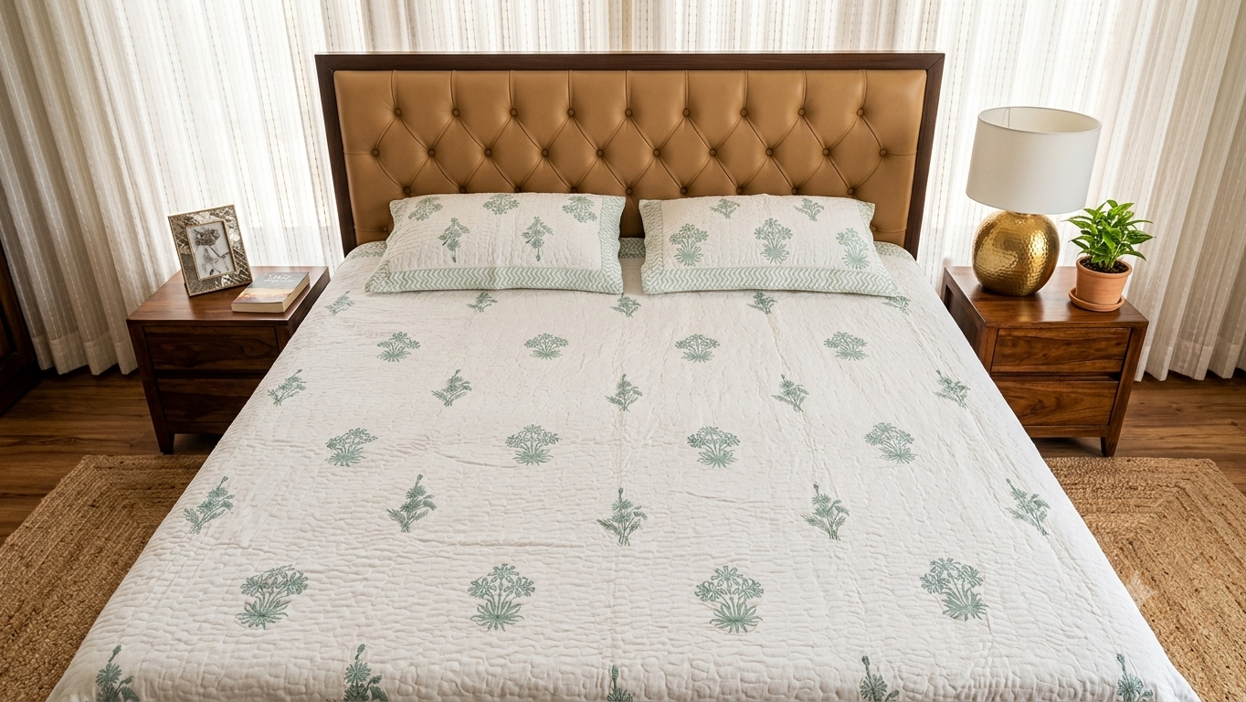 Sea Green Blossom Handblock Bedsheet + Quilted Bedcover Combo Set
