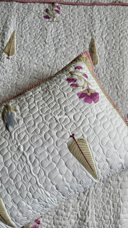 Dusty Mulberry Handblock Bedsheet + Quilted Bedcover Combo (Ivory White)
