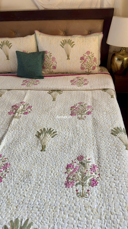 Purple Sparrow Pani Jaal Handblock Printed Reversible Quilted Cotton Bedcover Set