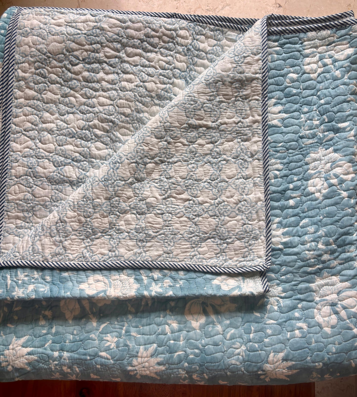 Blue Floral Garden Handblock Printed Reversible Quilted Cotton Bedcover Set-106x108