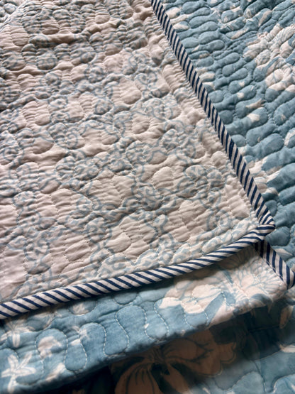 Blue Floral Garden Handblock Printed Reversible Quilted Cotton Bedcover Set-106x108