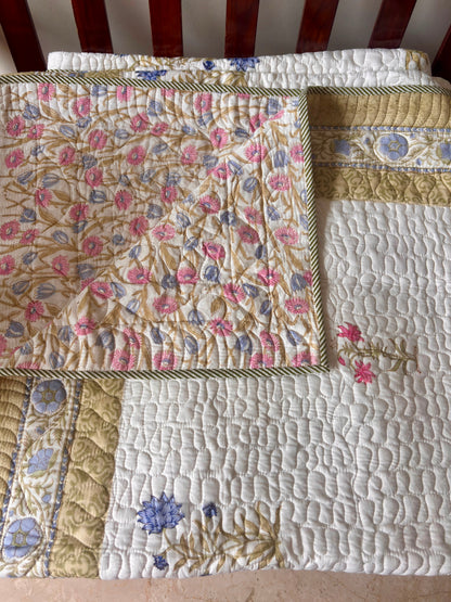 Pink & Blue Floral Handblock Printed Reversible Quilted Cotton Bedcover Set-106x108