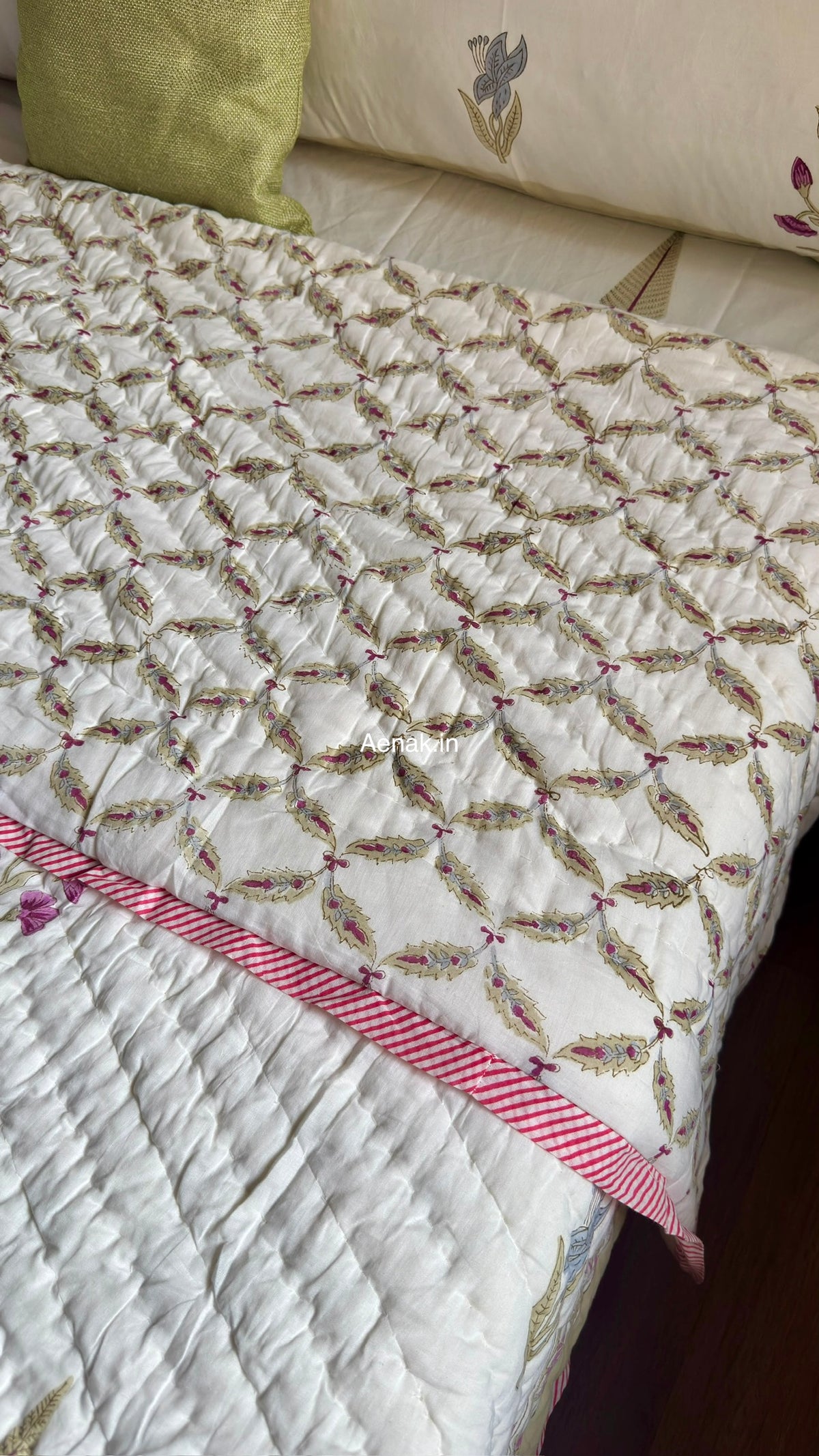 Dusty Mulberry Handblock Bedsheet + Quilt Combo Set (Ivory White)