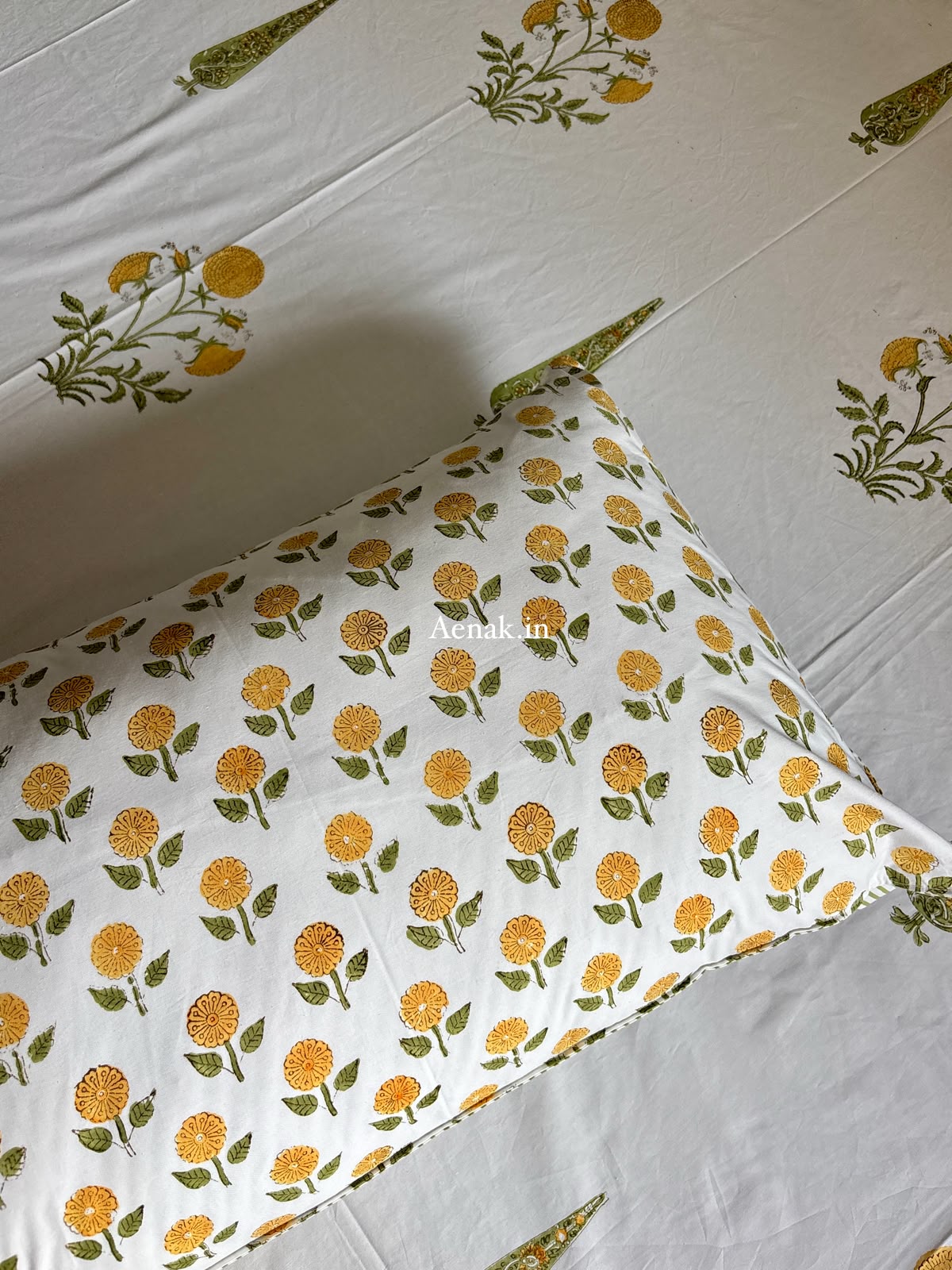 Yellow Dahlia Handblock Bedsheet + Quilt Combo Set