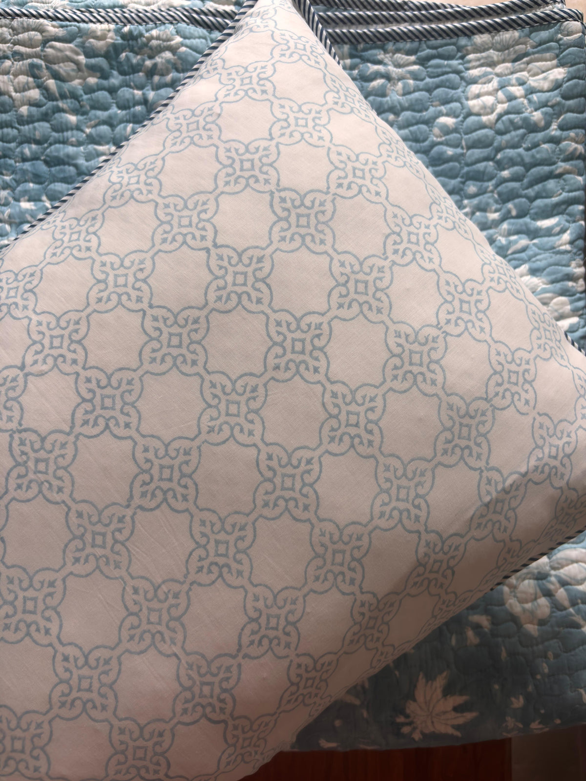 Blue Floral Garden Handblock Printed Reversible Quilted Cotton Bedcover Set-106x108