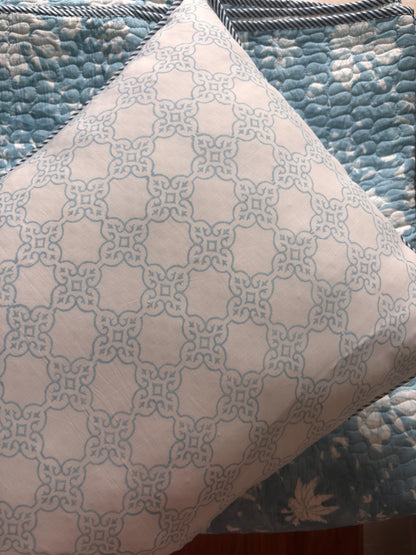 Blue Floral Garden Handblock Printed Reversible Quilted Cotton Bedcover Set-106x108