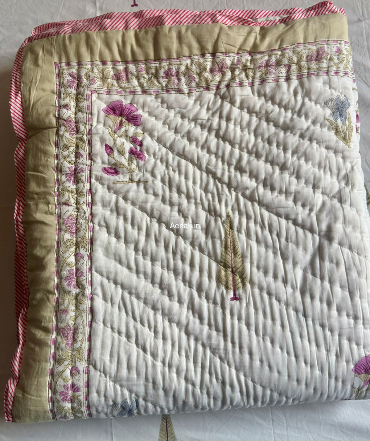 Dusty Mulberry Handblock Bedsheet + Quilt Combo Set (Ivory White)