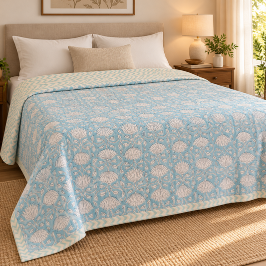 Sky Blue Floral Garden Handblock Mulmul Cotton Reversible Dohar