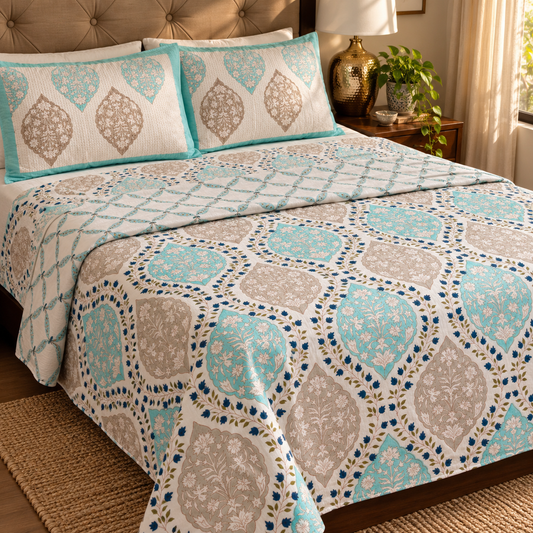 Blue Jaal Handblock Mulmul Cotton Reversible Dohar
