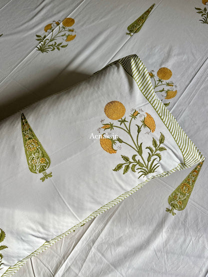 Yellow Dahlia Handblock Bedsheet + Quilt Combo Set
