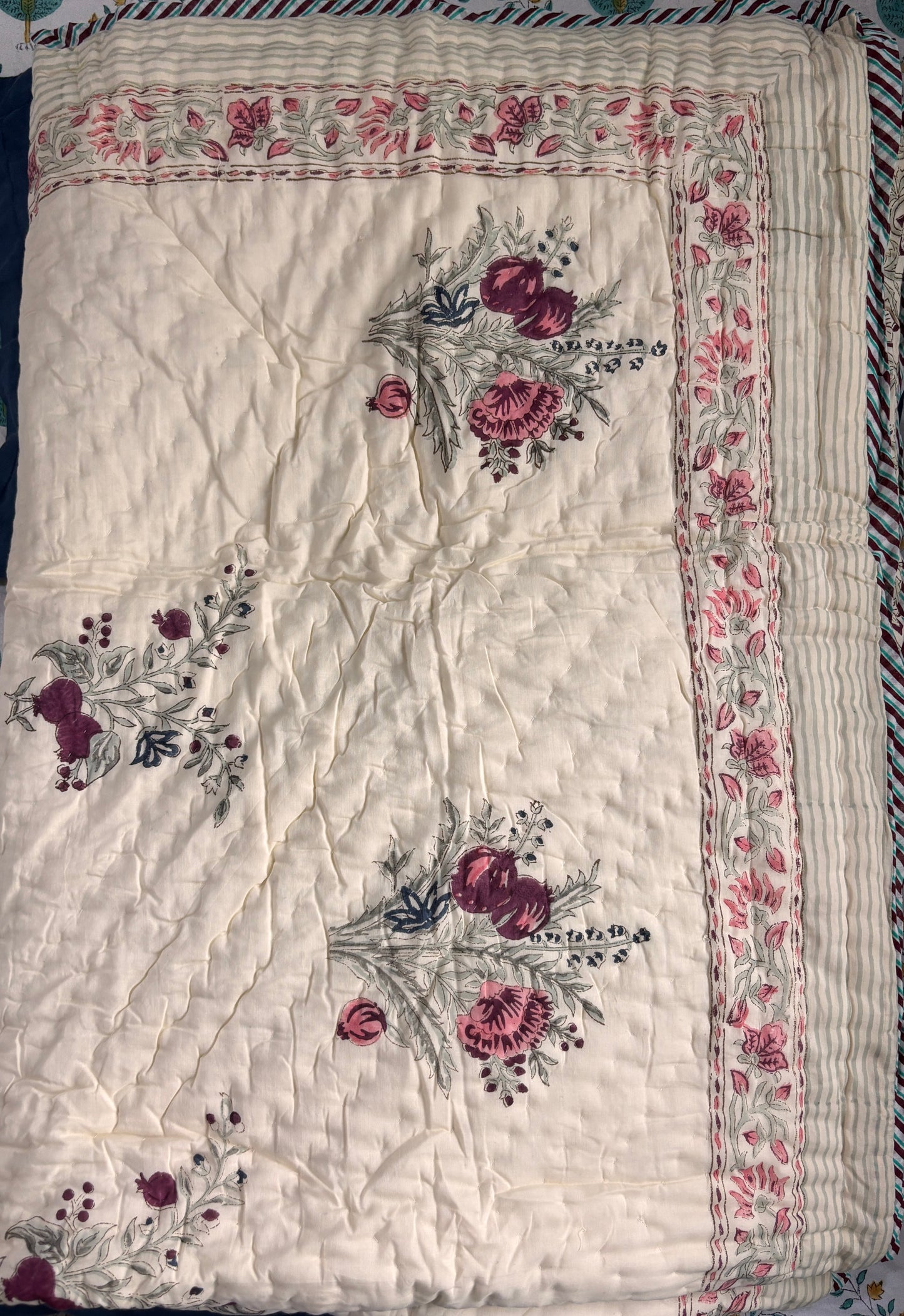 Burgundy Anaar Handblock Reversible Mulmul Cotton Single Bed Quilt (Beige Base)