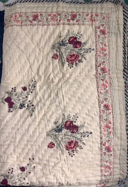 Burgundy Anaar Handblock Reversible Mulmul Cotton Single Bed Quilt (Beige Base)