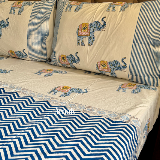 Blue pink and white 300 TC premium cotton bedsheet with handblock prints by Aenak
