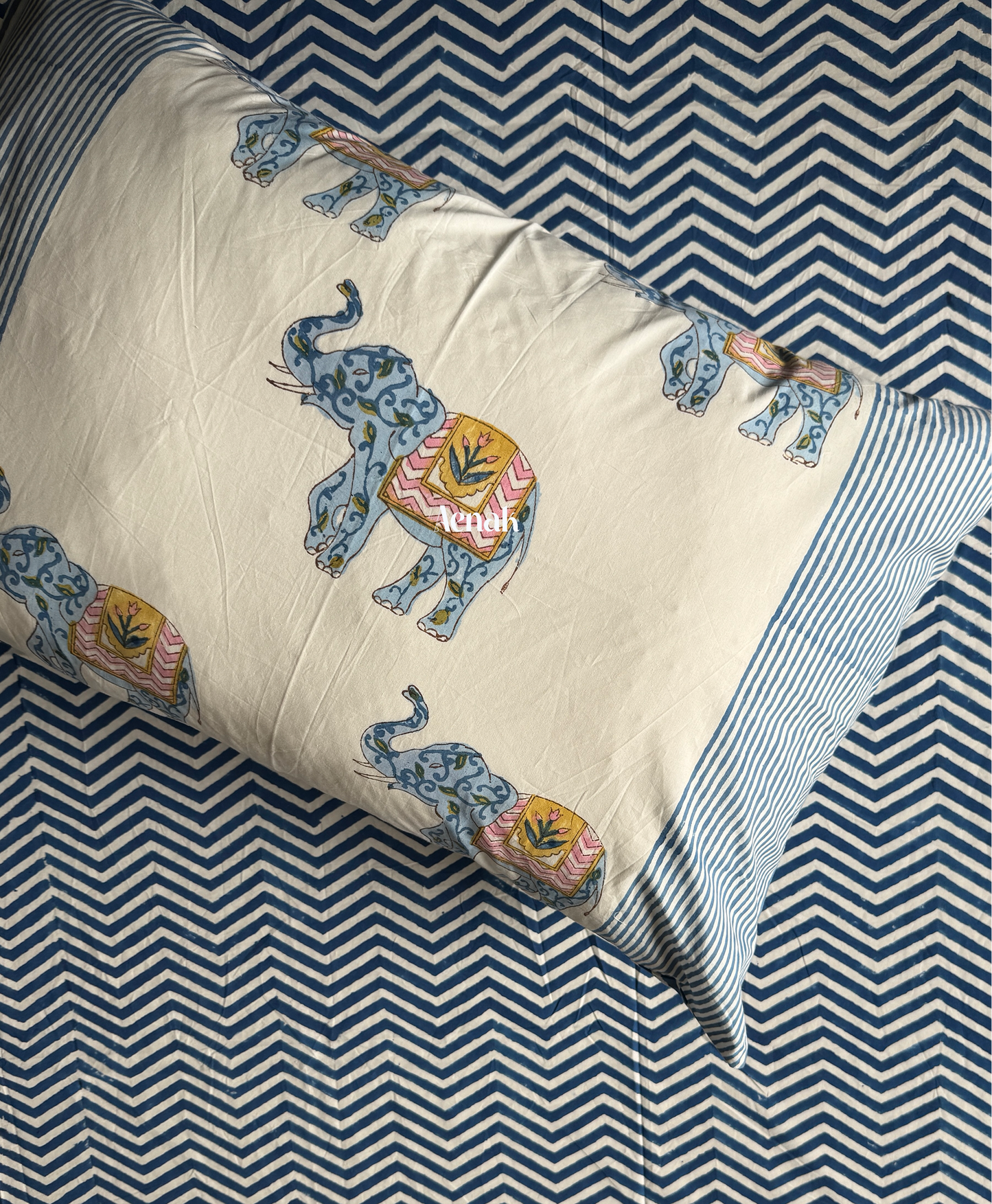 Aenak organic percale cotton bedsheet in blue pink and white handblock print