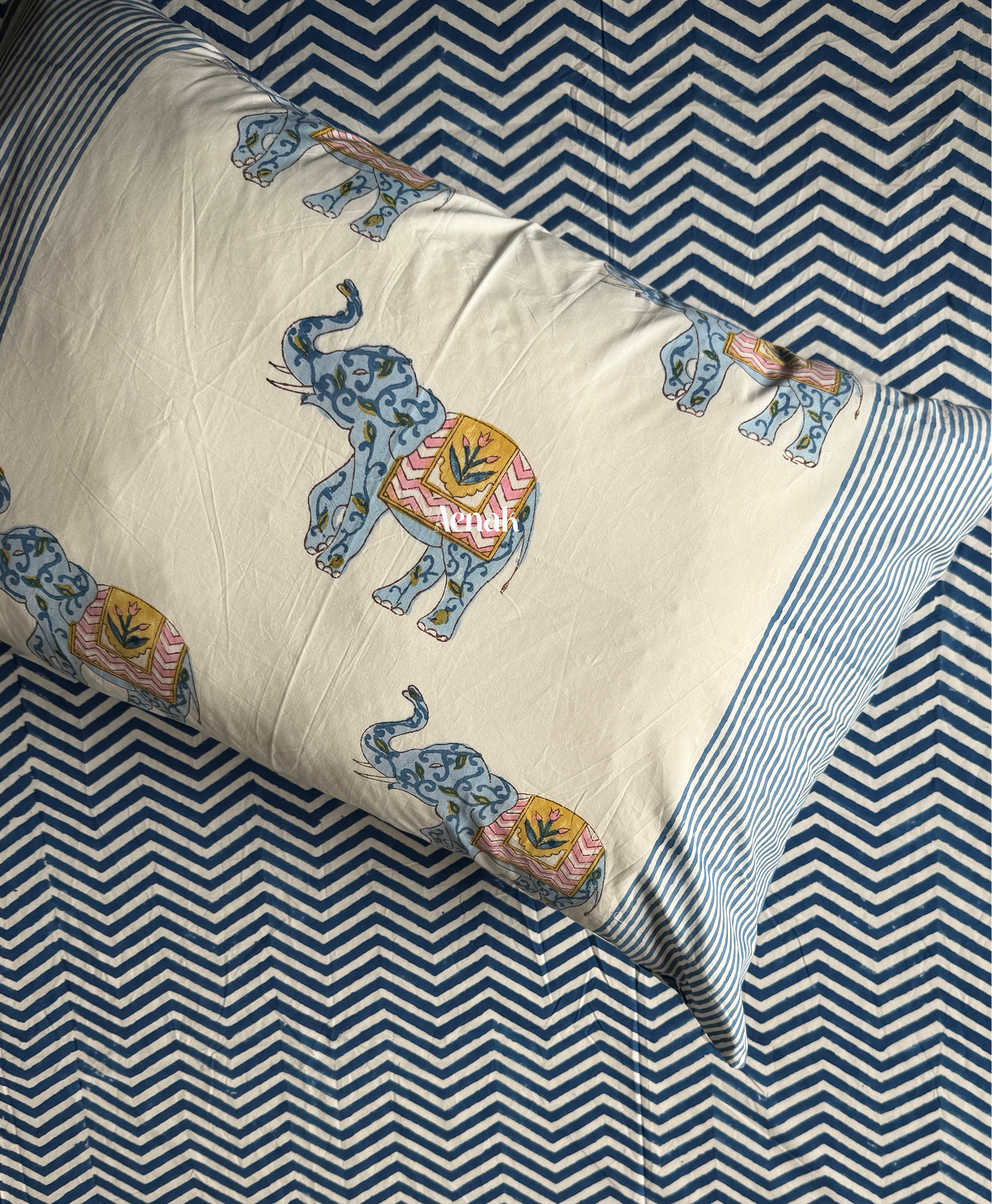Aenak organic percale cotton bedsheet in blue pink and white handblock print