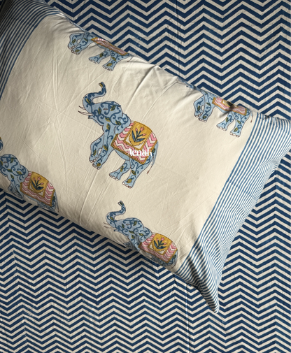 Aenak organic percale cotton bedsheet in blue pink and white handblock print