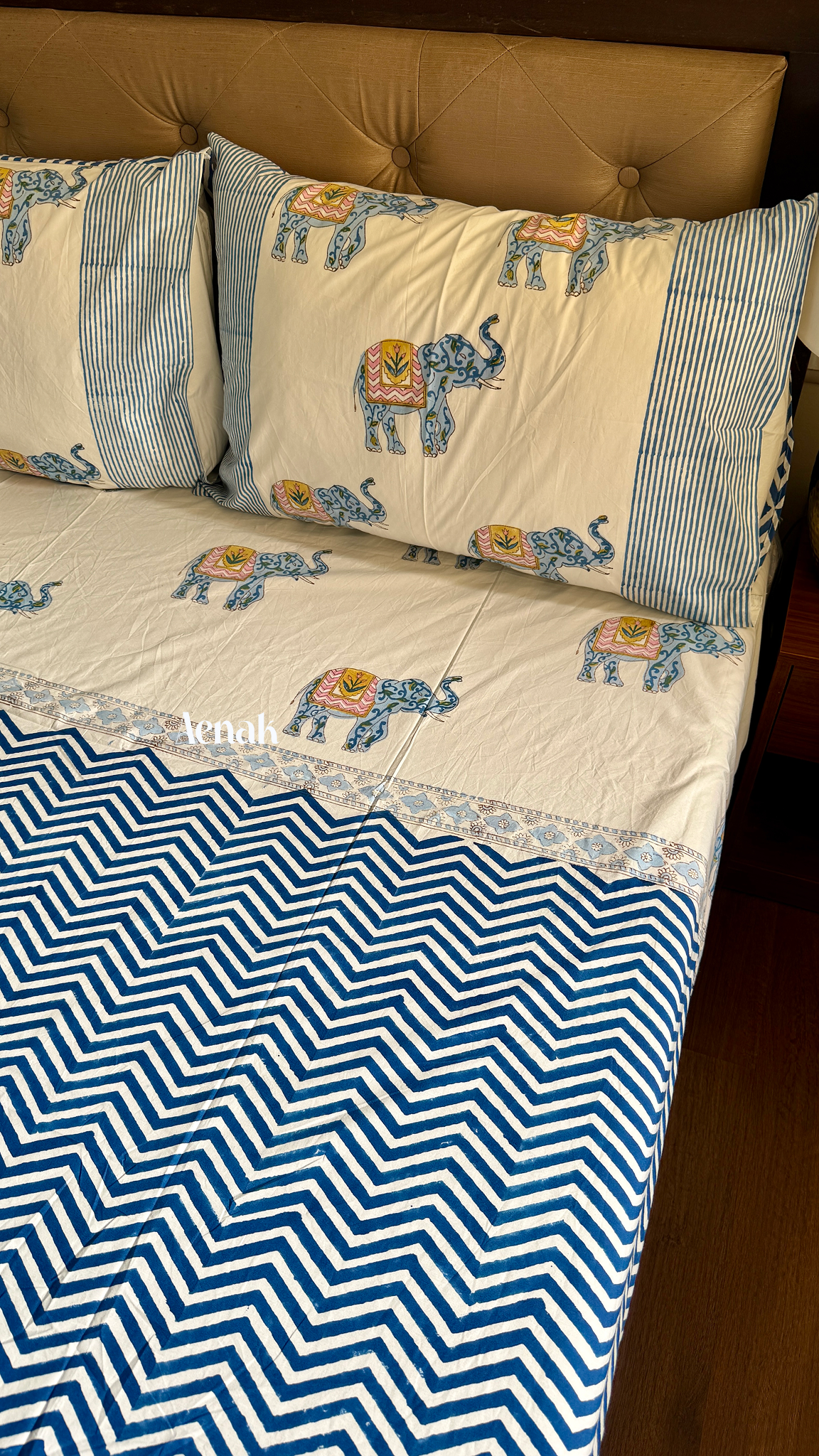 Handblock printed cotton bedsheet with reversible pillow covers in blue pink and white