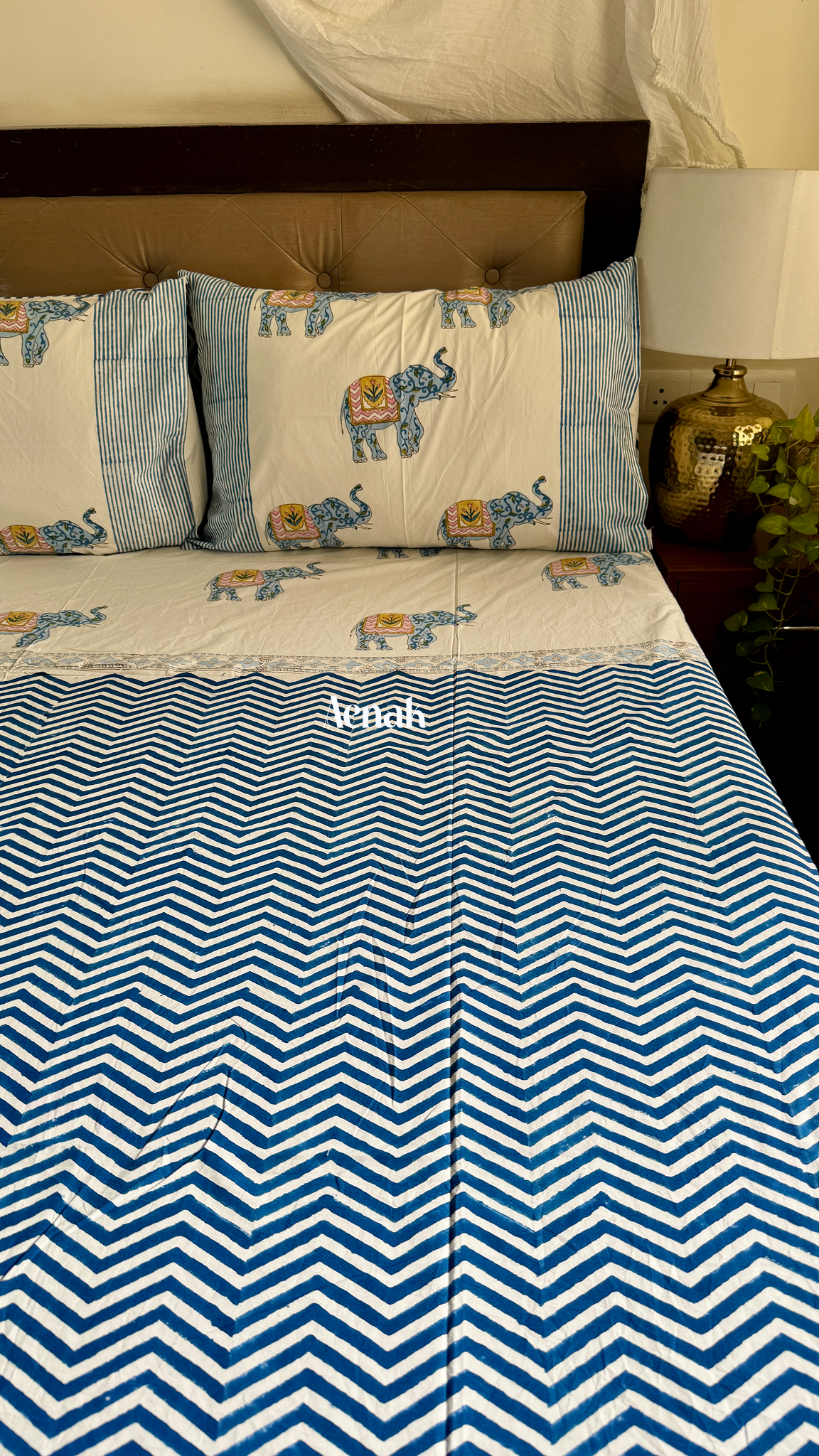 Custom fitted cotton bedsheet in 300 TC percale cotton with Jaipuri style print by Aenak