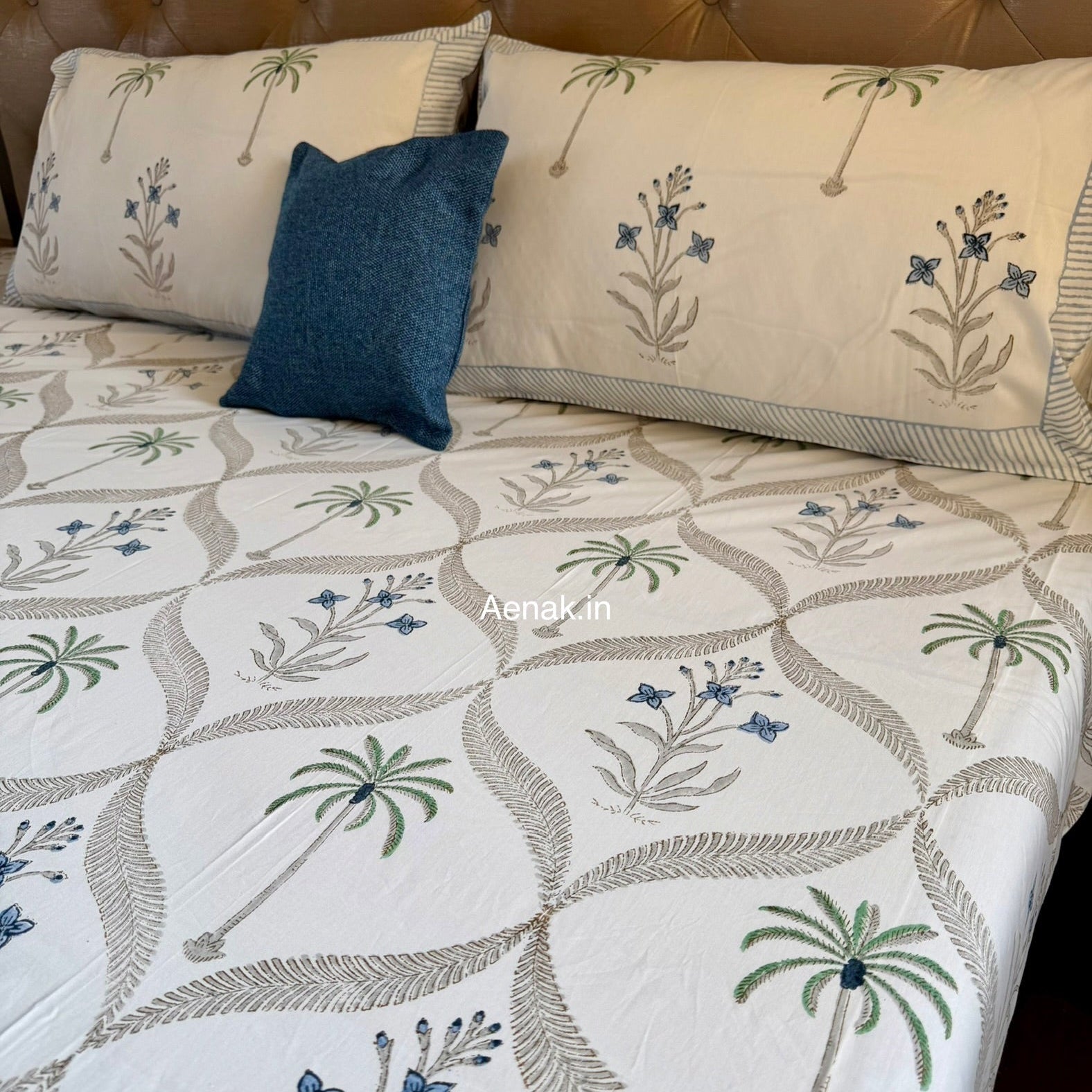 Green grey and blue 300 TC premium cotton bedsheet with handblock prints by Aenak