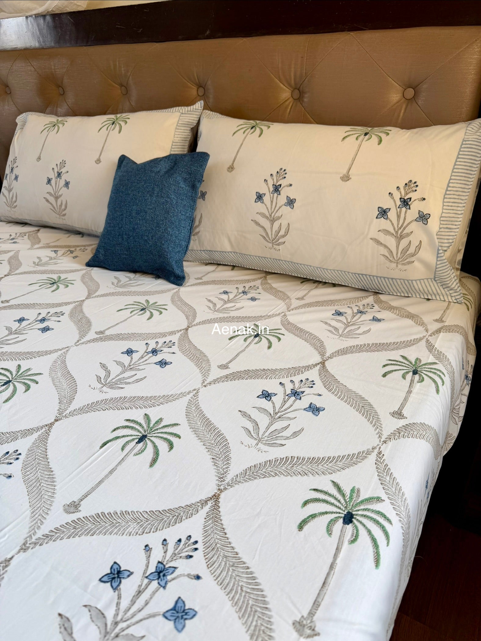 Handblock printed cotton bedsheet with reversible pillow covers in green grey and blue