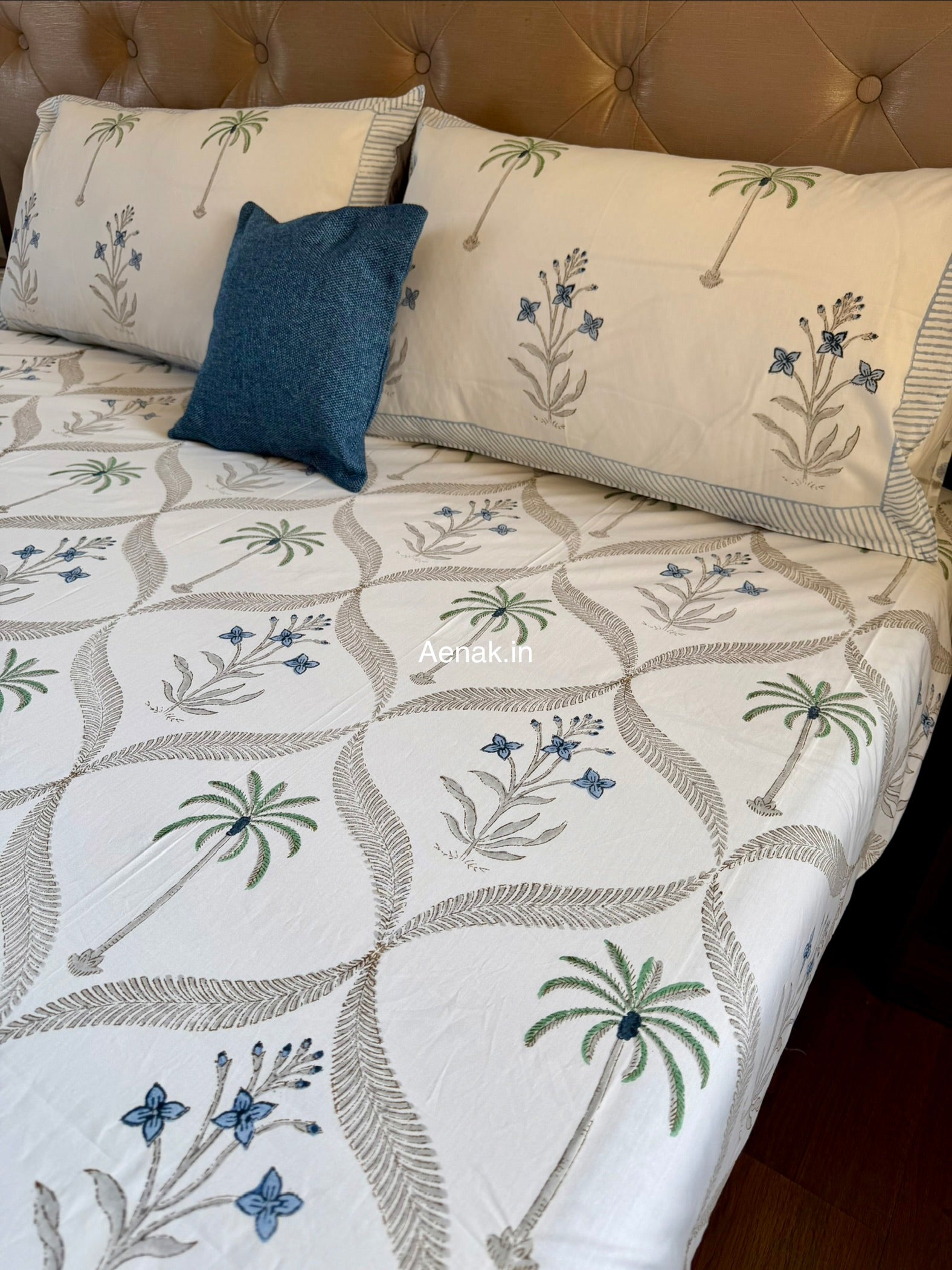 Premium cotton bedsheet in green grey and blue for elegant bedroom styling by Aenak