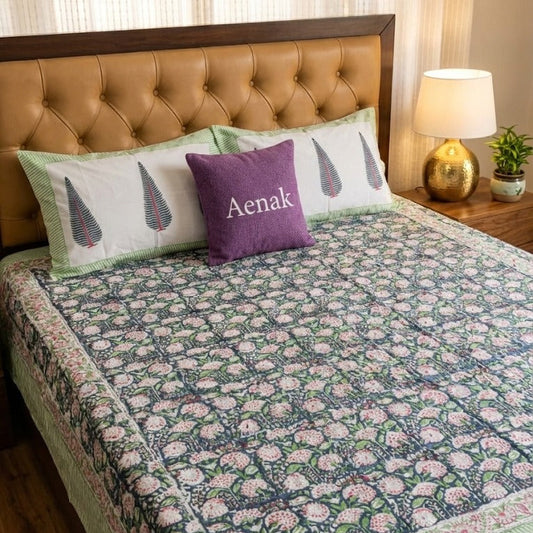 Blue green and pink 300 TC premium cotton bedsheet with handblock prints by Aenak