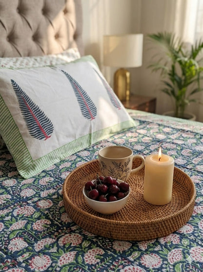 Blue green and pink 300 TC premium cotton bedsheet with handblock prints by Aenak