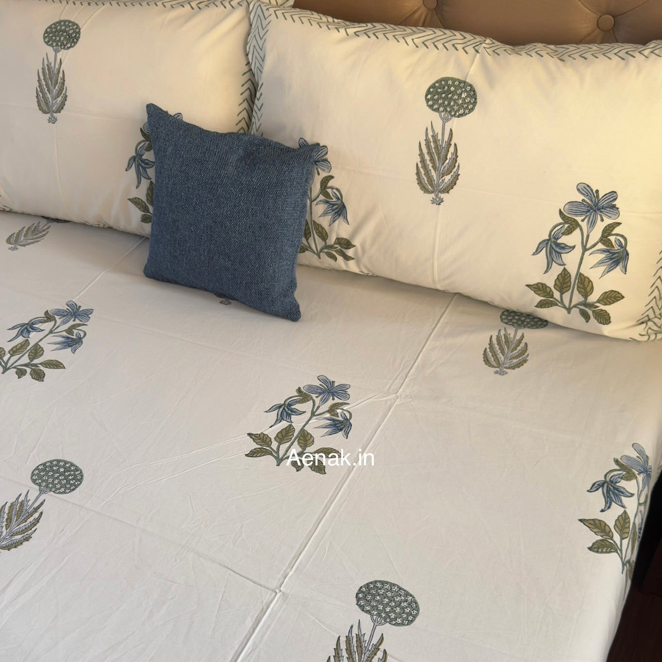 Blue and sage green 300 TC premium cotton bedsheet with handblock prints by Aenak