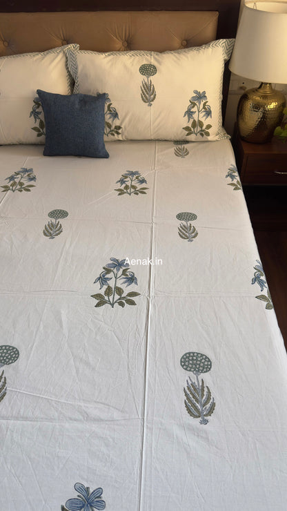 Aenak organic percale cotton bedsheet in blue and sage green handblock print