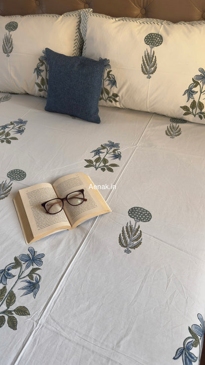 Handblock printed cotton bedsheet with reversible pillow covers in blue and sage green