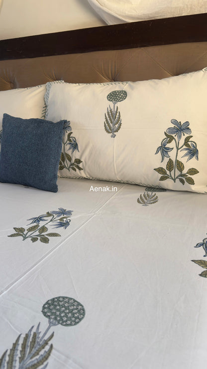 Custom fitted cotton bedsheet in 300 TC percale cotton with Jaipuri style print by Aenak