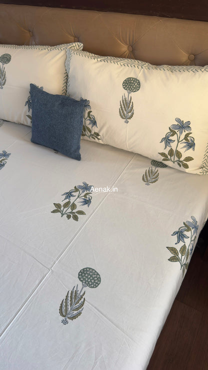 Blue sage green premium cotton bedsheet for calm and elegant bedroom styling by Aenak