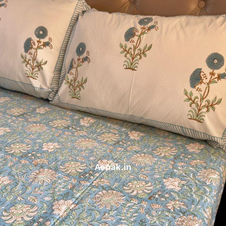 Yellow and blue 300 TC premium cotton bedsheet with handblock prints by Aenak
