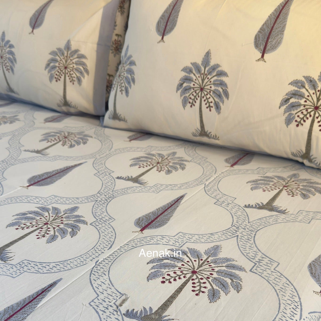 Sage blue and magenta 300 TC premium cotton bedsheet with handblock prints by Aenak