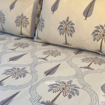 Sage blue and magenta 300 TC premium cotton bedsheet with handblock prints by Aenak
