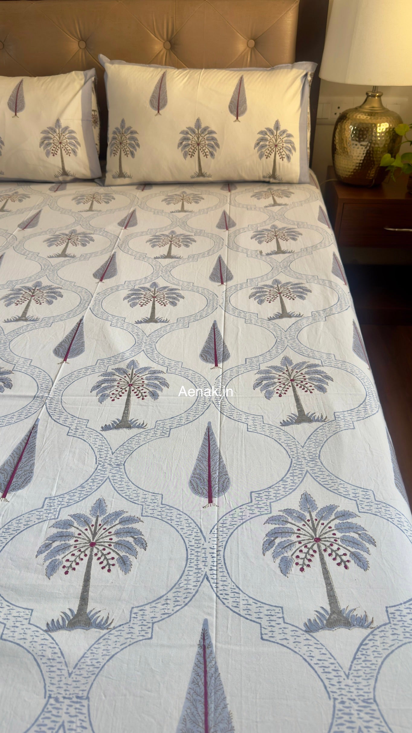Aenak organic percale cotton bedsheet in sage blue and magenta handblock print
