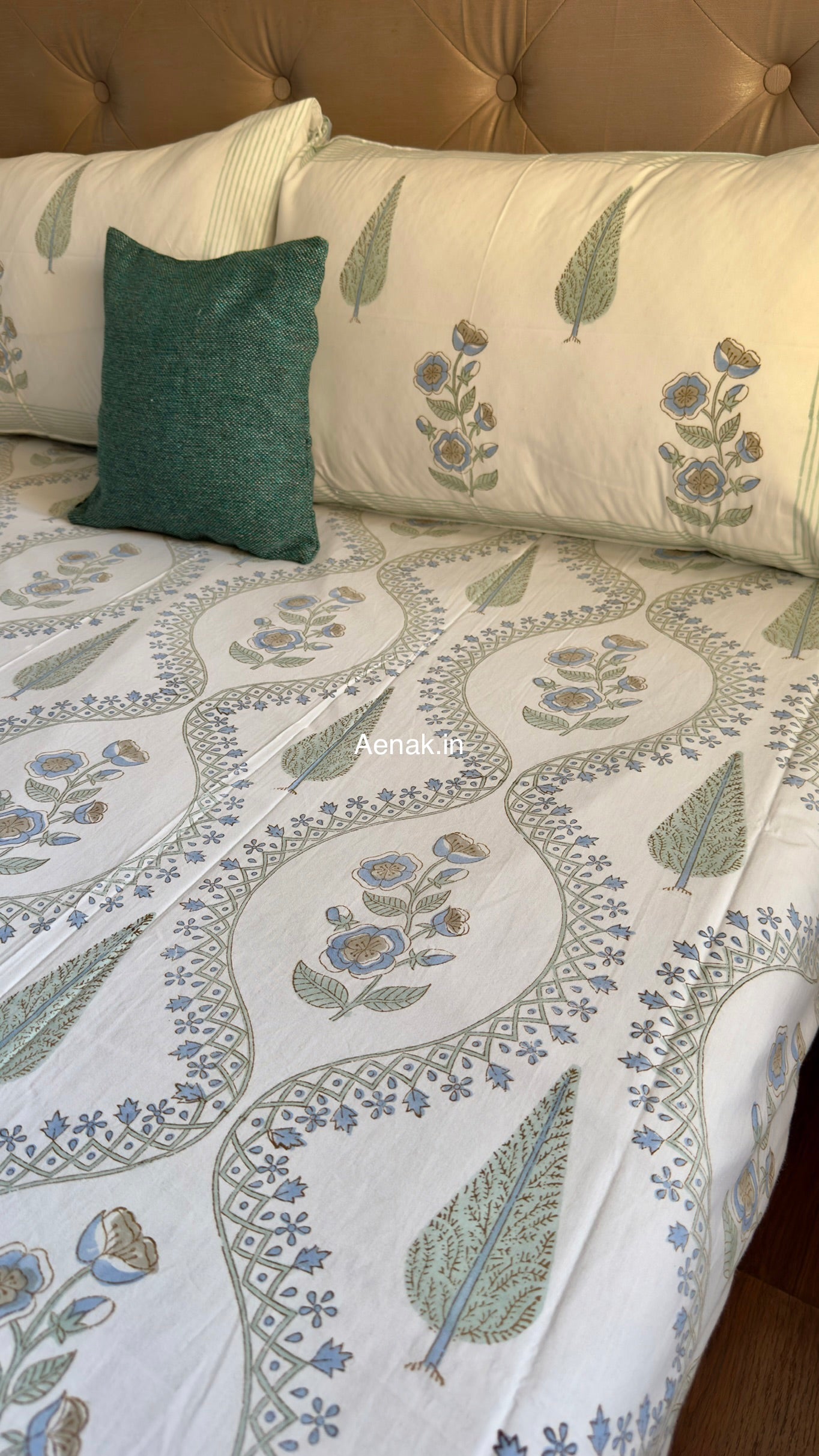 Custom fitted cotton bedsheet in 300 TC percale cotton with Jaipuri style print by Aenak