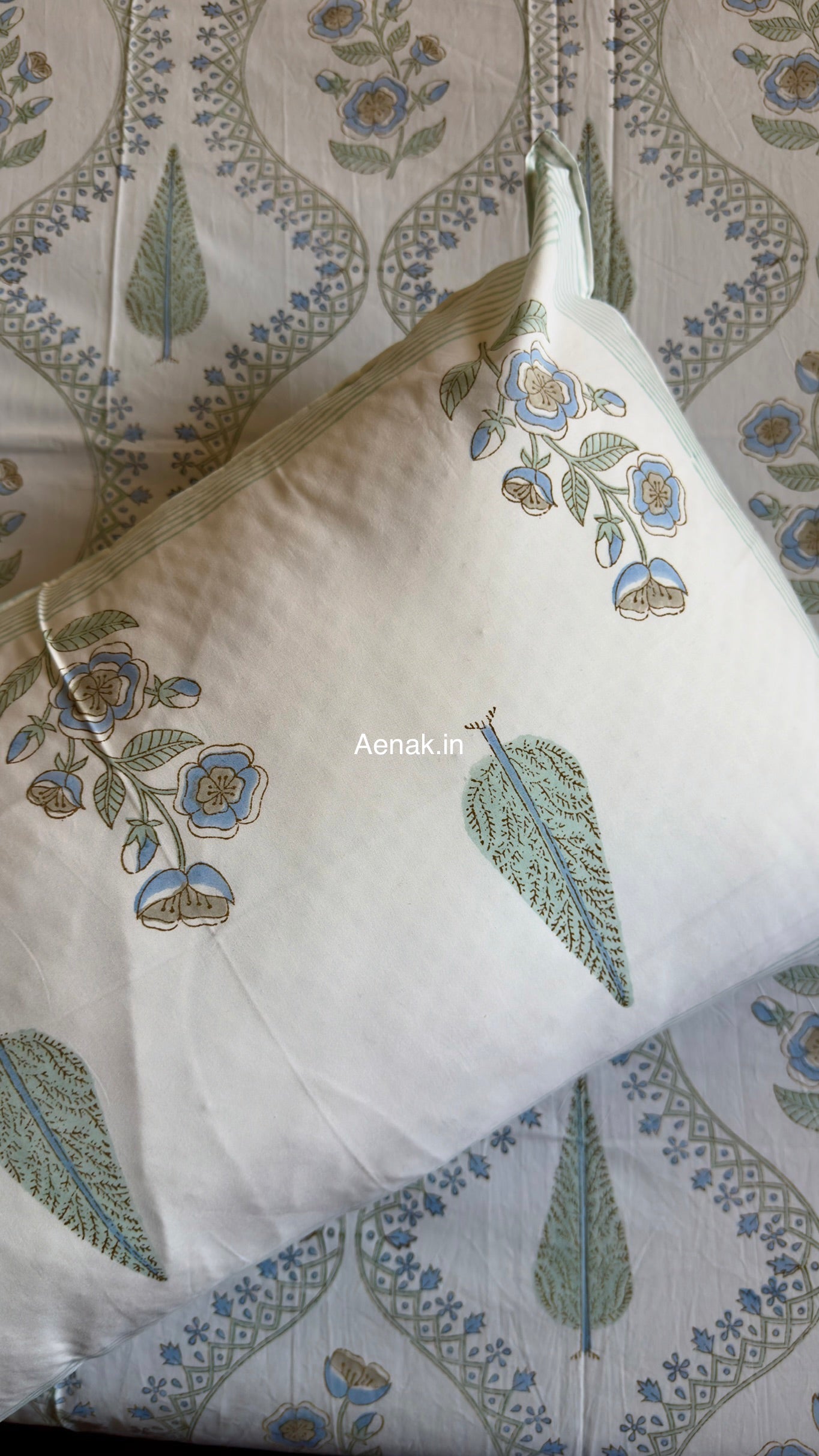 Blue sage green premium cotton bedsheet for calm and elegant bedroom styling by Aenak